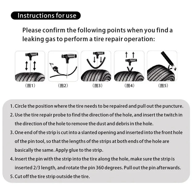 CAER Car Tire Repair Tool Kit with Rubber Strips Tubeless Tyre Puncture Studding Plug Set Motorcycle Truck Vacuum Tire Repair